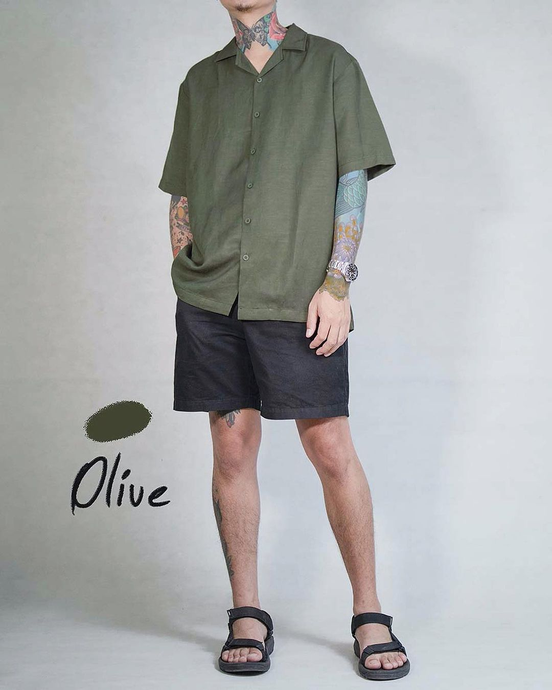 Linen open Collar Shirt (Olive)